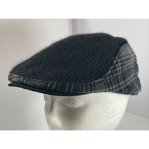 Woolrich Plaid Flannel And Wool Knit Newsboy Cap Hat Black Gray Sz Large - Picture 1 of 11